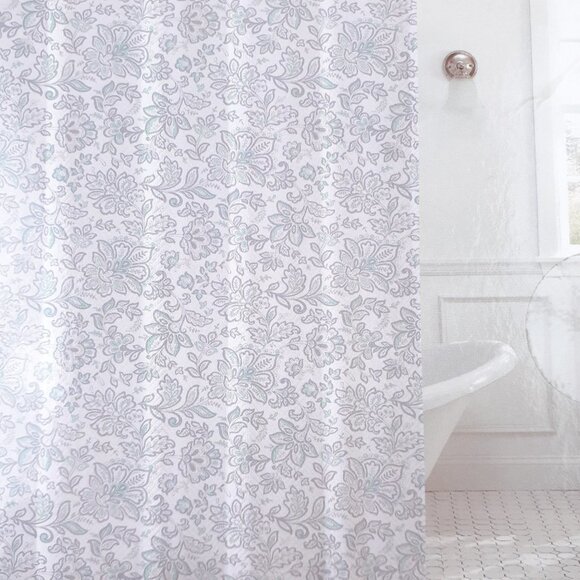 Fabric Shower Curtain Blue Green Gray Paisley 70x72 Hooks Included - Picture 4 of 4